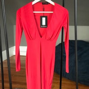 PrettyLittleThing Plunge Neck Red Dress